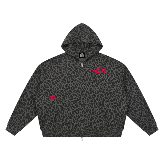 Leopard Print Waffle Full Zip Hoodie