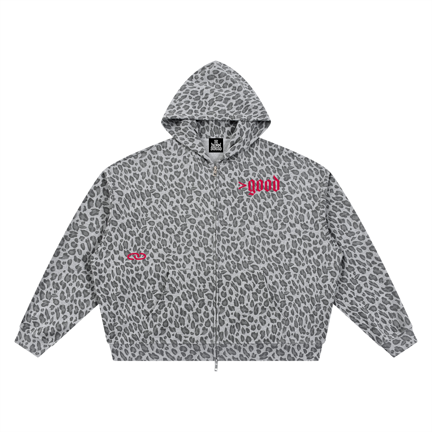 Leopard Print Waffle Full Zip Hoodie