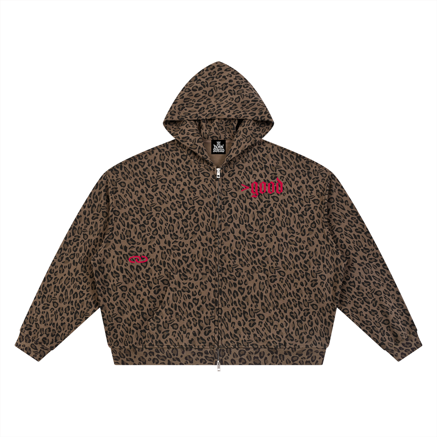 Leopard Print Waffle Full Zip Hoodie